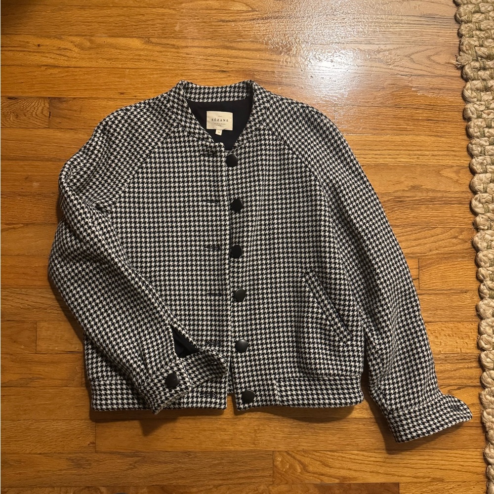 Sezane Black and White Houndstooth Bomber Jacket